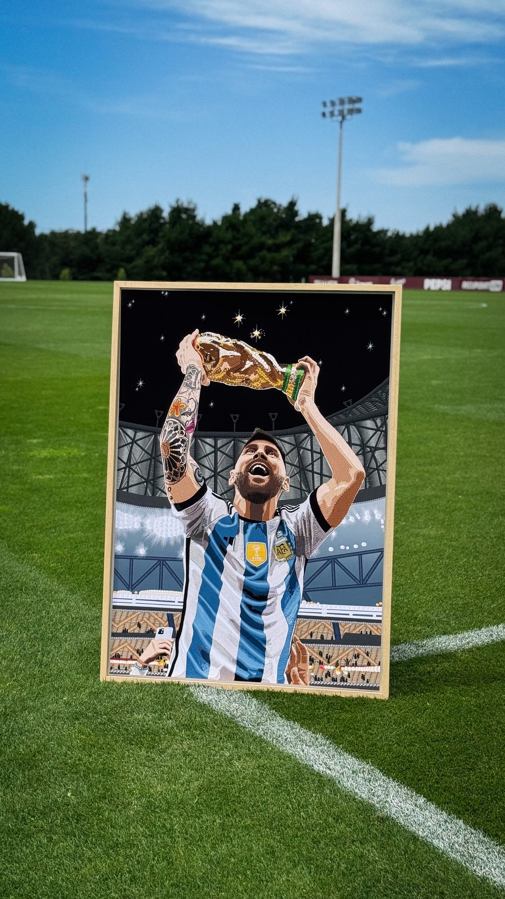 Framed fine art print of The GOAT displayed on a football field