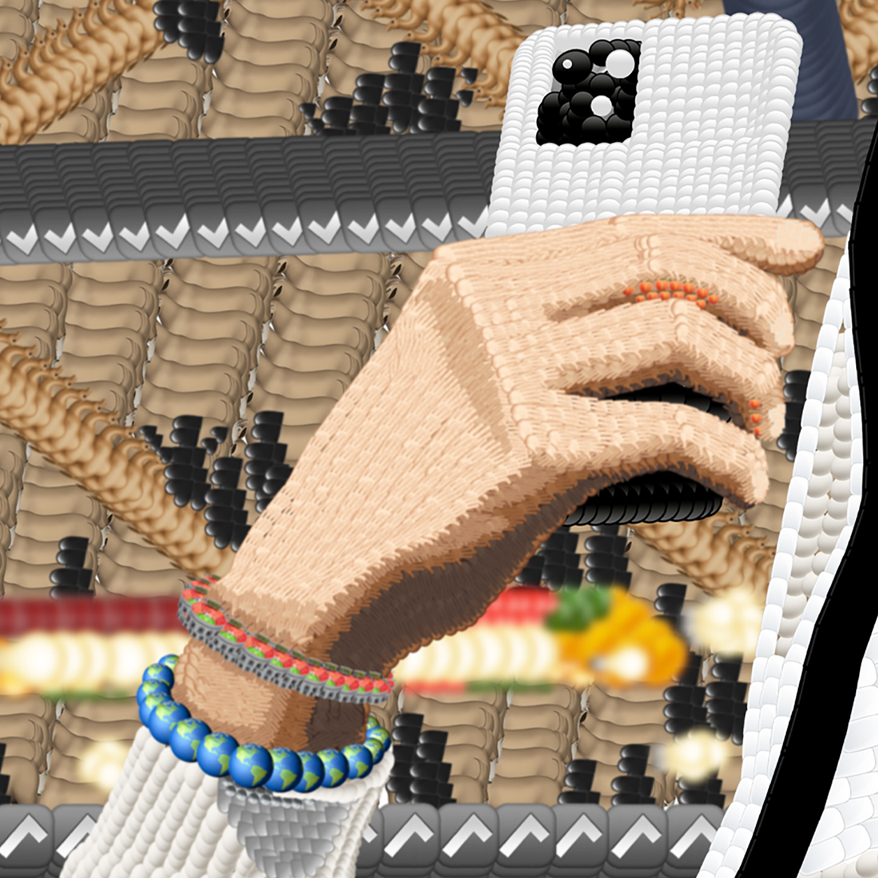 Close-up of a hand holding a phone made from emojis